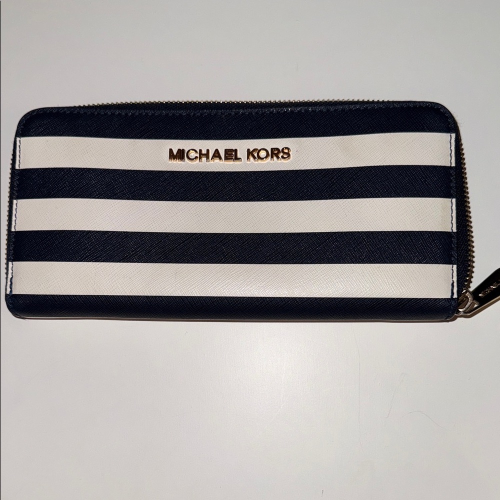Michael Kors Navy and White Striped Zip-Around Wallet